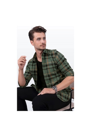 Yeşil Turuncu Çizgili Slimfit Oduncu Gömlek Yeşil
