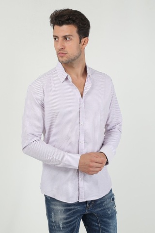 Erkek Kalın Dik Çizgili Uzun Kollu Slim Fit Gömlek 21y-4300599 Lila Lila