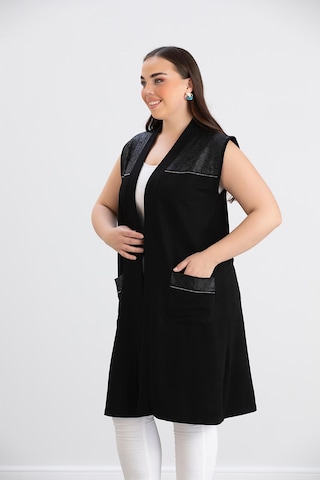 Wearon Kadın Ajda 2 İp Kristal Süs Deri Ve Taşlı Cepli Siyah Yelek Siyah