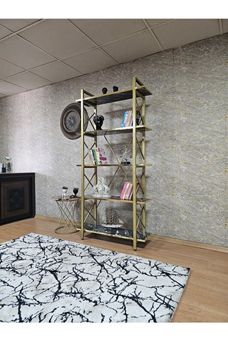 Çıkıntılı Gold Boyalı Kitaplık - 5 Raflı Suntalem Lüks Kitaplık L Çok Renkli