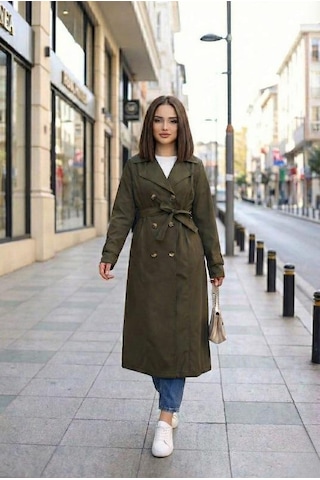 Hb Harma Time Butik Kadın İçi Astarlı Kuşaklı Düğmeli Haki Bondit Trençkot