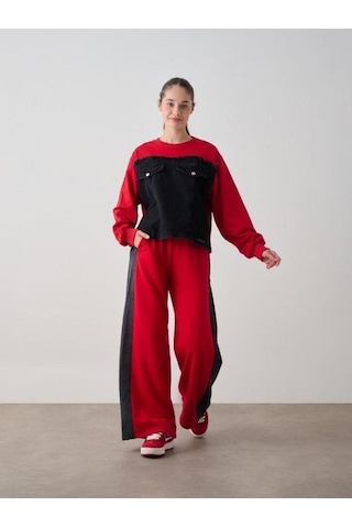 Kız Çocuk Mevsimlik Altı Denim Cepli 3 İplik Sweatshirt-14777 Kırmızı