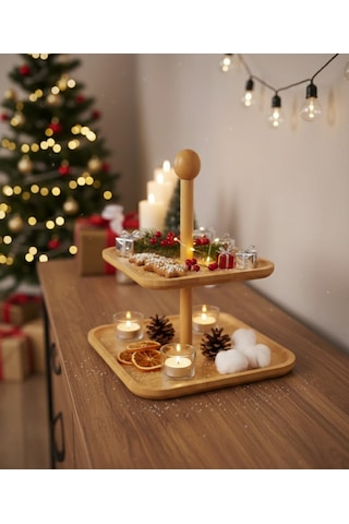 2 Katlı Kare Bambu Sunumluk Doğal Bambu Servis Standı, Kek & Pasta Sunum Tepsisi Açık Kahverengi