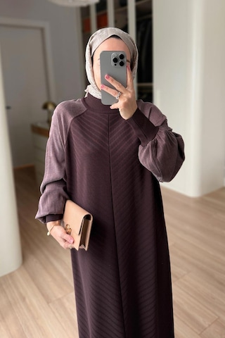 Kahijab Kendinden Desenli Yarım Balıkçı Merserize Elbise - Kahverengi