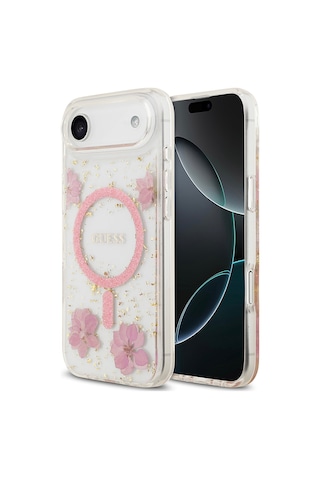 Apple Uyumlu iPhone 17 Air Kılıf Guess Lisanslı M-safe Şarj Özellikli Transparan Resin Flowers Kapak Pembe Pembe