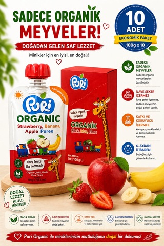 Organic Çilekli, Muzlu Elma Püresi 100 G x 10 %100 Organik İlave Şekersiz 10'lu Paket