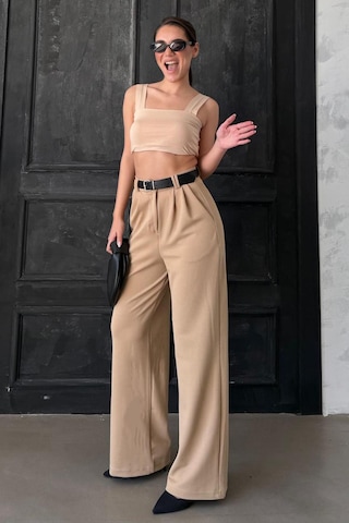 Madmext Bej Çift Pileli Kemerli Pantolon Mg2330 Bej