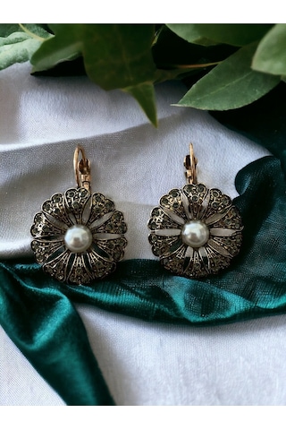 Black Diamond Taşlı İnci Çiçek Küpe Gri