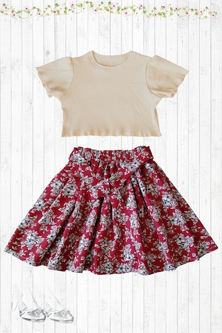 Etekli Crop Takım, Çiçekli Koyu Kırmızı Etek - Pamuklu Fitilli Crop Skahve-kkırmızı Çok Renkli