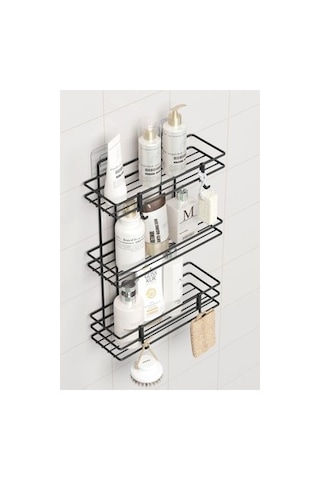 3 Katlı Banyo Rafı, Duş Şampuanlık Ve Duvar Düzenleyici Özellikleri İle Açık Kahverengi