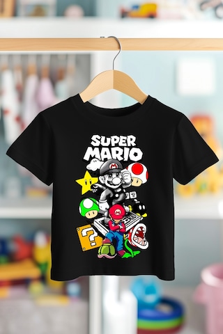 Book Orbook Hero Super Mario %100 Pamuk Premium Kalite Çocuk Tişörtü 3-12 Yaş Siyah