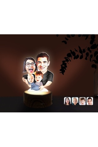 Kişiye Özel Aile Karikatürlü Dekoratif 3D Biblo Led Işıklı Gece L (483006983)