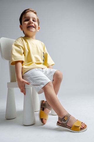 Mnpc Unisex Çocuk Gri-sarı Hakiki Deri Mantar Tabanlı Günlük Çocuk Sandalet 25y2s10047434