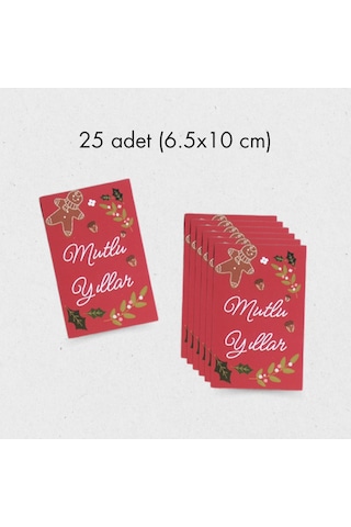 Yılbaşı Mutlu Yıllar Yazılı Hediye Kart Seti, Yeniyıl Paketleme Kartı, 25 Adet-6,5x10 Cm, Kırmızı