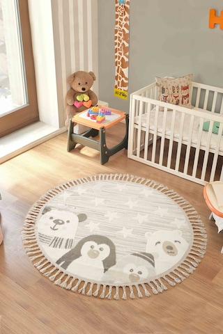 Bercairo Kids 9271 Yıldızlı Hayvan Figürlü Yuvarlak Dokuma Çocuk Odası Halısı Yumuşak Bebek Odası Halısı Krem