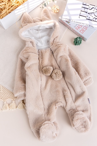 Kışlık Peluş Welsoft Penye Astarlı Pamuklu Kız Erkek Bebek Tulum Bej