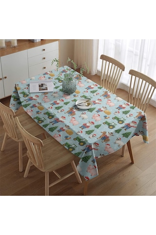 Noel Desenli Dikdörtgen Masa Örtüsü 60x84 İnç, Su Geçirmez Ve Leke Tutmaz Noel Çiftlik Baba Noel