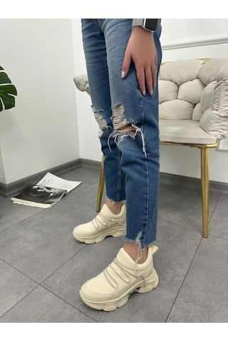 Erva'nın Butiği Bej Dore Kadın Gizli Topuklu Bağcıklı Sneakers-5263