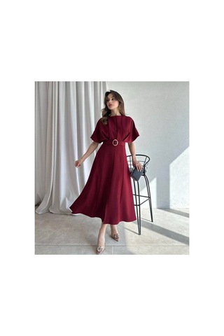 Meecy Maxi Siyah Kemerli Elbise Bordo Bordo