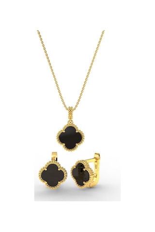 925 Ayar Oniks Taşlı Gold Van Cleef Yonca Kolye Küpe 2'li Gümüş Set-takım