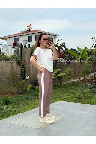 Modi Kadın Modal Dokulu Kumaş Yanı Şeritli Takım Kahve