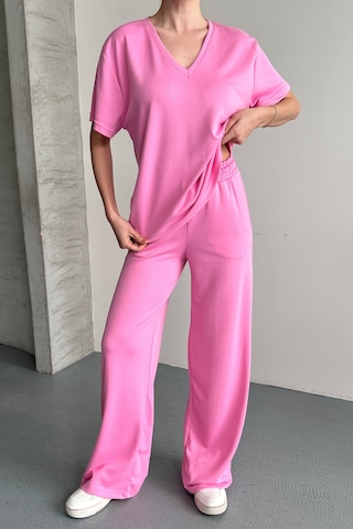 Balenbi Kadın Modal Kumaş Yarım Kollu V Yaka Eşofman Takımı 1209 Pembe