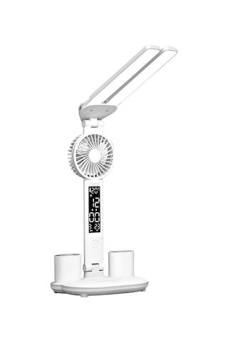 Maoyaya Çift Kafa Led Masa Lambası, Dokunmatik Kontrol, Saat & Kalem Tutucu, Sıcaklık Saati, Renk Değiştirme, Kısılabilir, Parlaklık Ayarı Çok Renkli