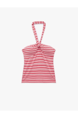 Koton Koton X Sibil Çetinkaya - Viskon Kumaş Slim Fit Çizgili Halter Yaka Top Kırmızı Çizgili 6sak10070uk