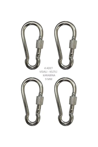 Galvanizli Vidalı Kilitli Karabina, 9 Mm, Askı, Çengel, Kanca, Anahtarlık 4 Adet