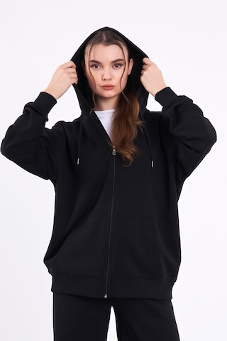 Comeor Siyah Kanguru Cepli Kapüşonlu Fermuarlı Oversize Kadın Sweatshirt 001
