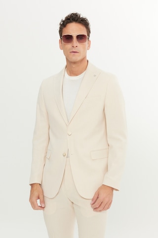 Erkek Bej Slim Fit Dar Kesim Kırlangıç Yaka Kapak Cepli Çizgili Esnek Takım Elbise Bej