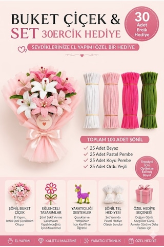Şönil Çiçek Yapım Seti 100 Adet Beyaz,pastel Pembe,k.pembe,ordu Yeşili