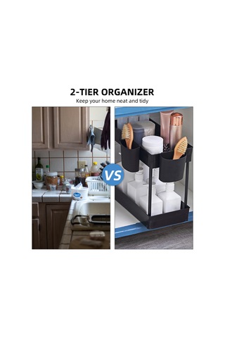 Moveevo 2 Katlı Paslanmaz Çelik Renkli Lavabo Altı Organizer, Su Akıtma Tasarımı İle 2 Bardak Tutuculu, Mutfak Ve Banyo Depolama Rafı Siyah