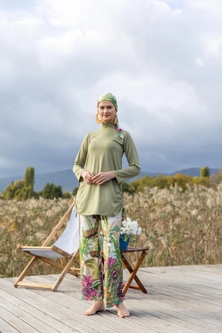 Alfasa Flora Desenli Tesettür Mayo Zeytin Yeşili