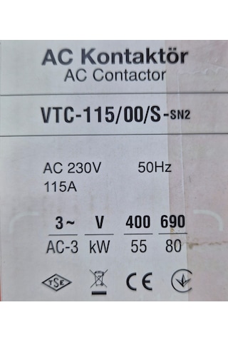 Viko Vtc-115/00/s-sn2 55 Kw-115a Ac 230v 50hz 3-kutup Kontaktör
