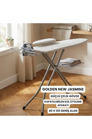 Uykula Evin Golden New Jasmine Ütü Masası 40x120 Cm Katlanabilir Buhar Kazanlı Uyumlu Ayarlanabilir Beyaz