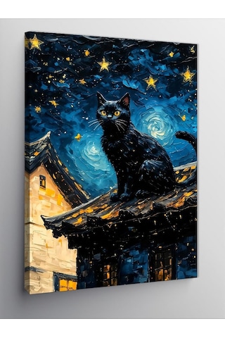 Kanvas Tablo Yağlı Boya Siyah Kedi Ve Yıldızlar 50cmx70cm