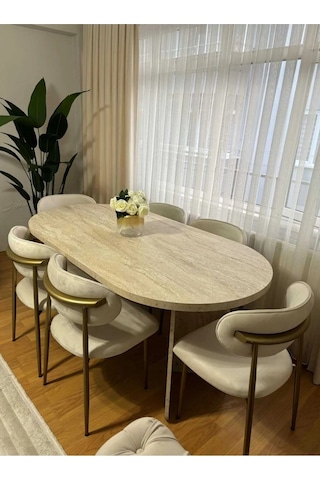 Lux Masa Takımı Ahşap Masa Takımı 6 Kişilik Masa Sandalye Takımı Krem