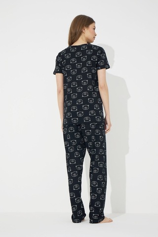 Siyah İnci Siyah Ayıcık Desenli Kısa Kollu Pamuklu Pijama Takımı Siyah A Desen