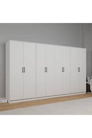 Kardelen Serisi 300 Cm Mat Beyaz 8 Kapılı 13 Raflı Elbise Dolabı - Gardırop Seti Beyaz