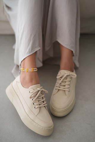Peinta Yüksek Tabanlı Bağcıklı Kadın Sneaker- Bej