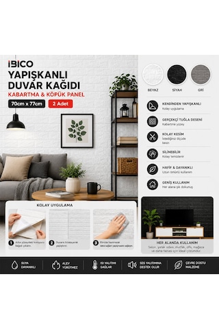 İbico İ13-084 Yapışkanlı Duvar Kağıt 70x77cm 2 Adet Beyaz Siyah Kabartma Köpük Panel Tuğla Desen Gri - 60'li Paket