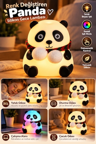 Yatak - 840 - Odası Çocuk Odası İçin Renk Değiştiren Panda Silikon - Concepta - Gece Lambası Renkli Işık