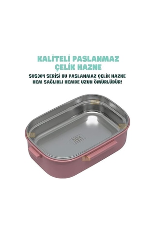 Vagonlife Bento 1650ml Paslanmaz Çelik 2 Katlı 3 Bölmeli Çatal Ve Kaşıklı Yemek Kutusu Pembe Beyaz