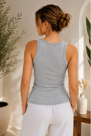 Feyece Gri Zargo Model Fitted/vücuda Oturan Geniş Biyeli Halter Yaka Fitilli Esnek Örme Crop Bluz
