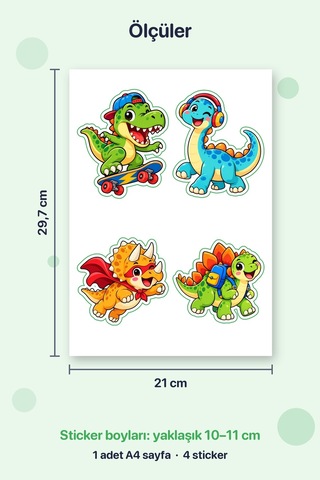 Dinozorlar İş Başında 4 Adet Büyük Dinozor Sticker Çıkartma A4 Defter Etiketi Çok Renkli