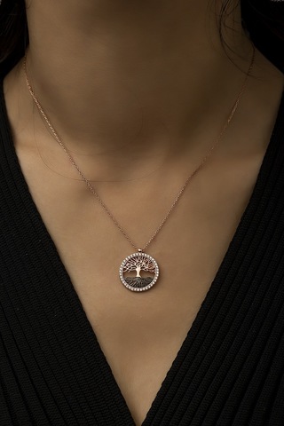 Kadın Hayat Ağacı Nano Zirkon Taşlı Rose 925 Ayar Gümüş Kolye Uvps100520