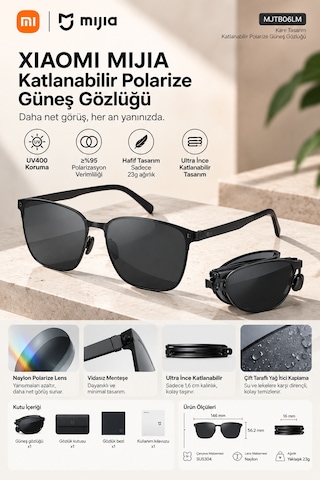 Mijia Katlanabilir Polarize Güneş Gözlüğü Uv400 8 Katmanlı Oar Kaplama Tac Lens Tr90 Amber Kahverengi Unisex Mjta01lm Siyah