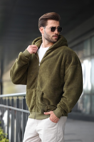 Madmext Haki Peluş Over Fit Kapüşonlu Fermuarlı Erkek Sweatshirt 6049 Haki