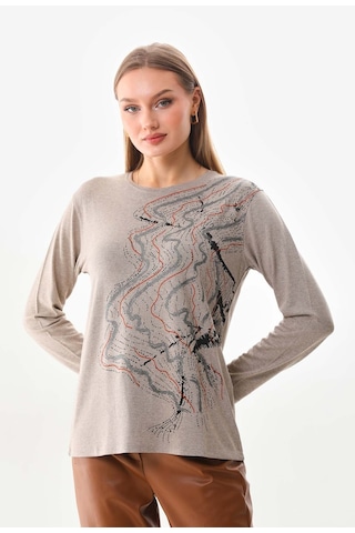 Sistas Kadın Desenli Bisiklet Yaka Uzun Kollu Bluz 23636 Keten Çok Renkli